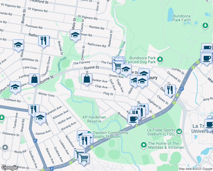 map of restaurants, bars, coffee shops, grocery stores, and more near 8 Club Avenue in Kingsbury