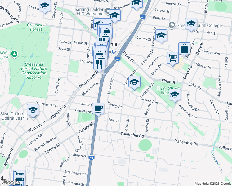 map of restaurants, bars, coffee shops, grocery stores, and more near 4 Mayling Court in Watsonia