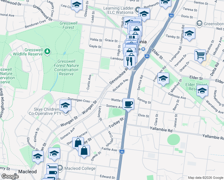 map of restaurants, bars, coffee shops, grocery stores, and more near 15 Powley Parade in Watsonia
