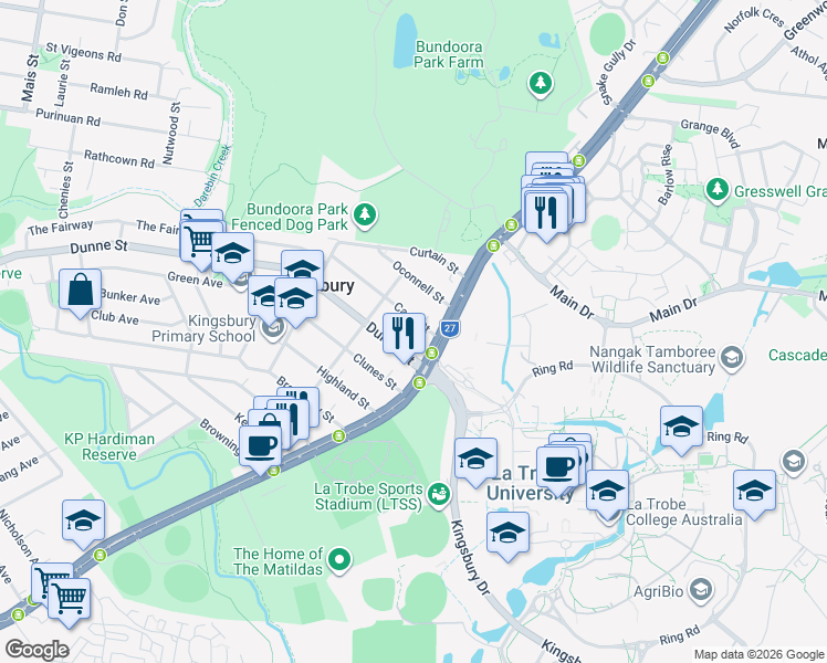 map of restaurants, bars, coffee shops, grocery stores, and more near 3 Cash Street in Kingsbury