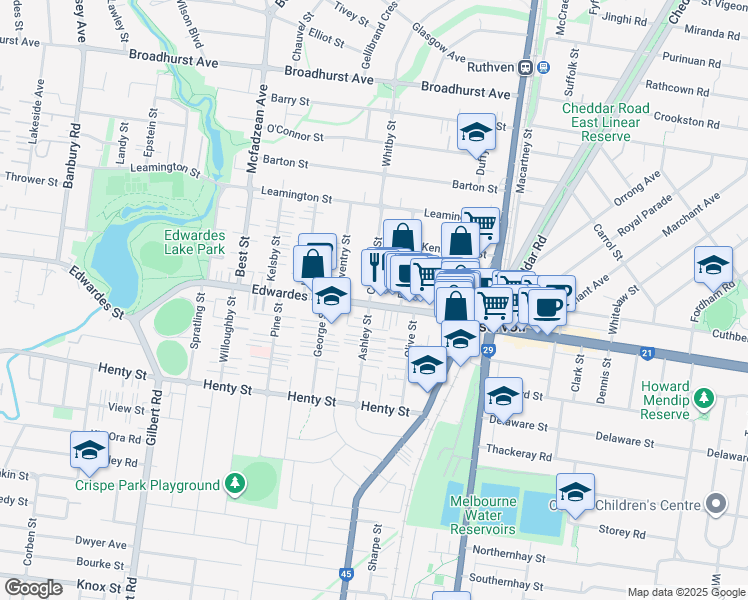 map of restaurants, bars, coffee shops, grocery stores, and more near Edwardes Street in Reservoir