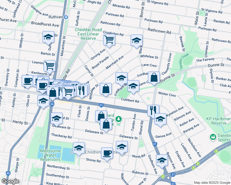 map of restaurants, bars, coffee shops, grocery stores, and more near 3 Fordham Road in Reservoir