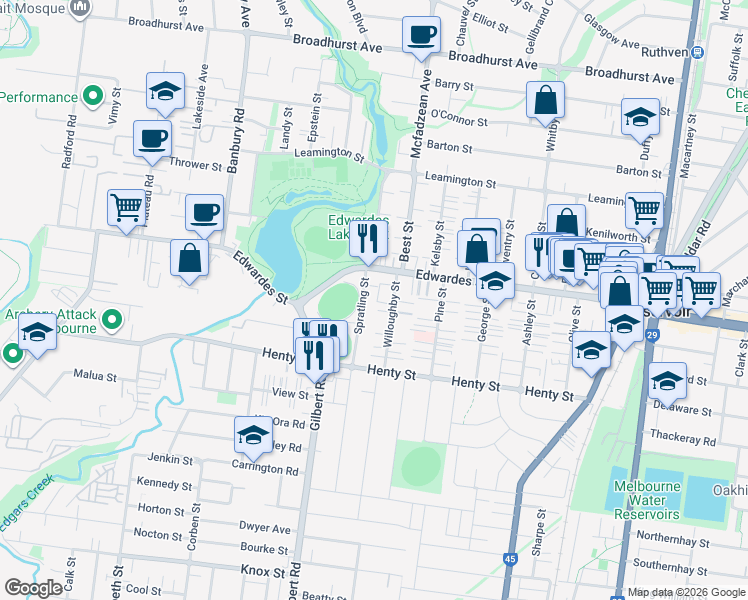 map of restaurants, bars, coffee shops, grocery stores, and more near 28 Spratling Street in Reservoir