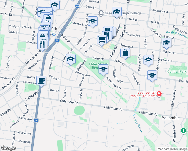 map of restaurants, bars, coffee shops, grocery stores, and more near 18 Gabonia Avenue in Watsonia