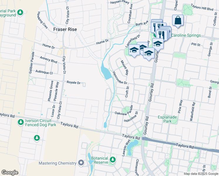 map of restaurants, bars, coffee shops, grocery stores, and more near Oakview Parade in Caroline Springs