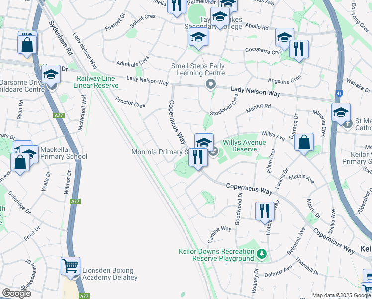 map of restaurants, bars, coffee shops, grocery stores, and more near 145 Copernicus Way in Keilor Downs