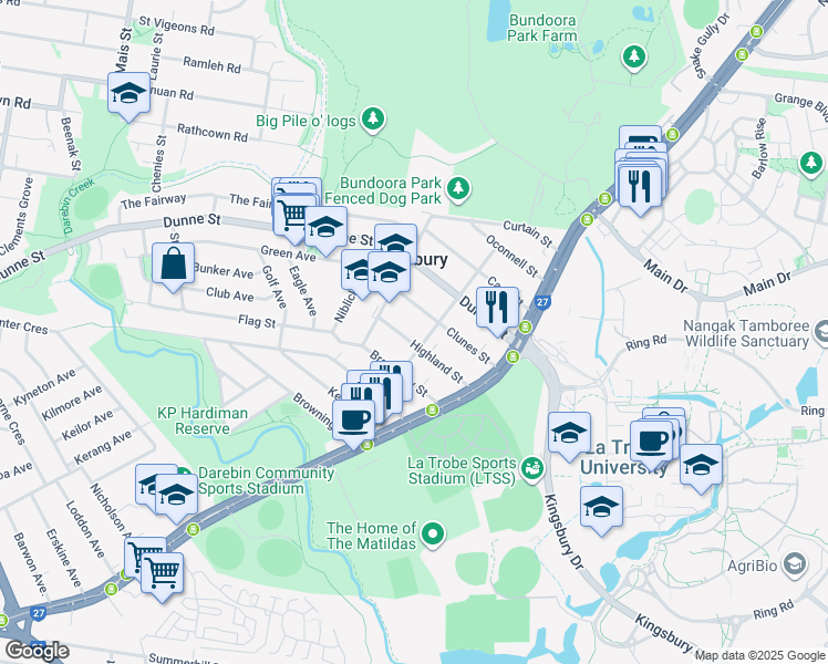 map of restaurants, bars, coffee shops, grocery stores, and more near 26 Highland Street in Kingsbury