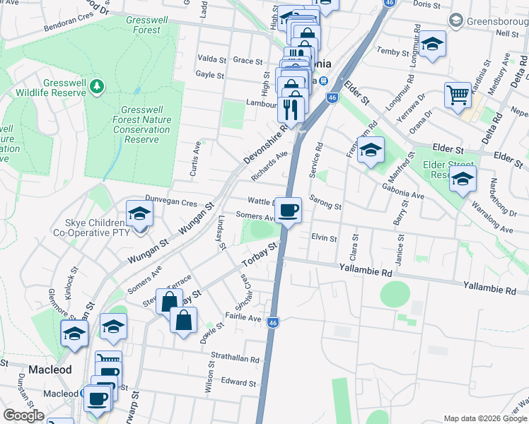 map of restaurants, bars, coffee shops, grocery stores, and more near 165 Somers Avenue in Macleod