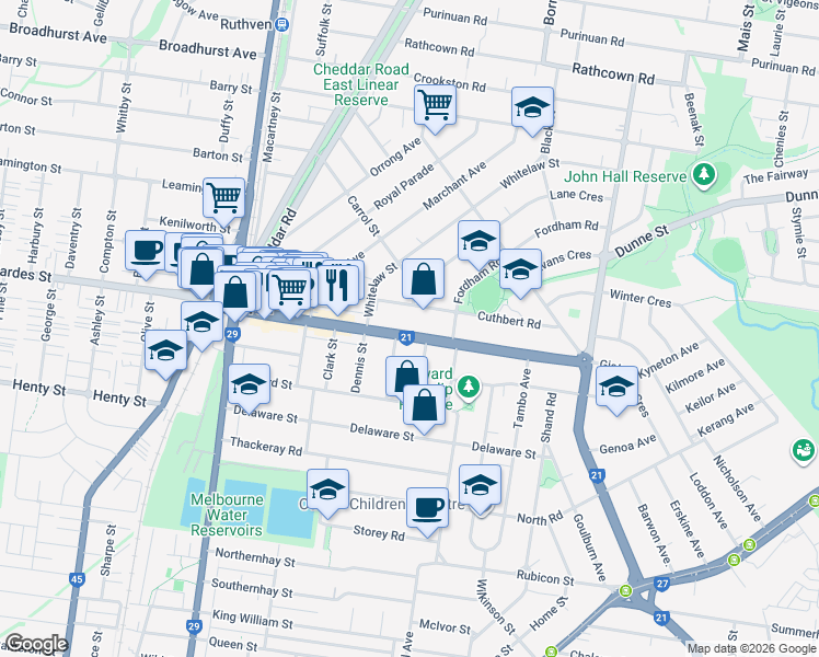 map of restaurants, bars, coffee shops, grocery stores, and more near 172 Broadway in Reservoir