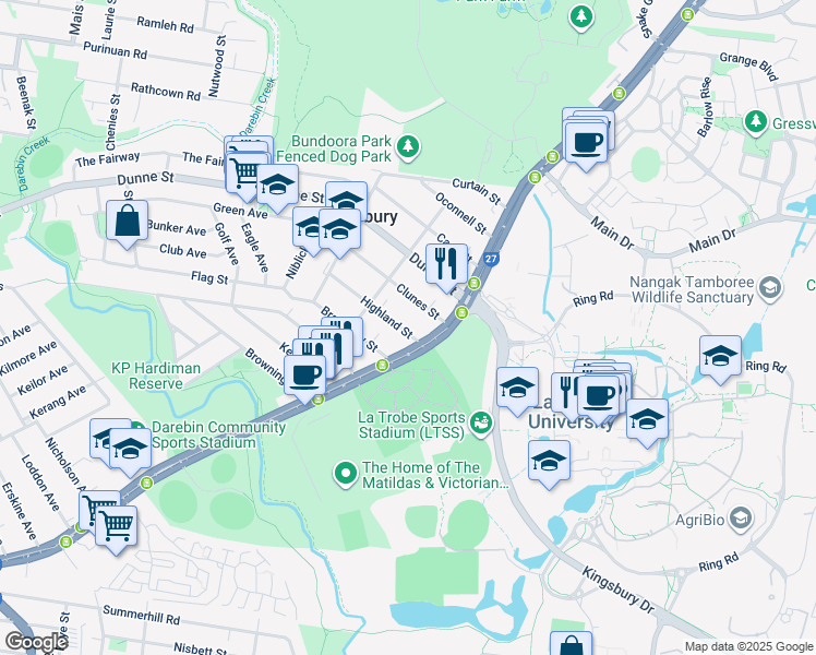 map of restaurants, bars, coffee shops, grocery stores, and more near 4 Highland Street in Kingsbury