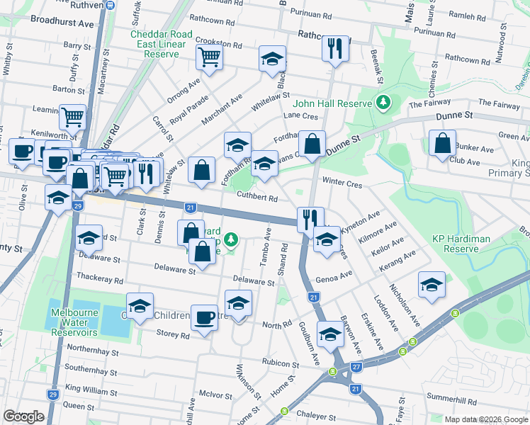 map of restaurants, bars, coffee shops, grocery stores, and more near 124 Broadway in Reservoir