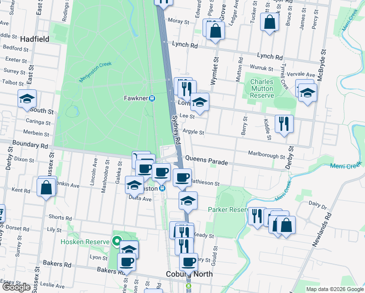 map of restaurants, bars, coffee shops, grocery stores, and more near 1072 Sydney Road in Fawkner