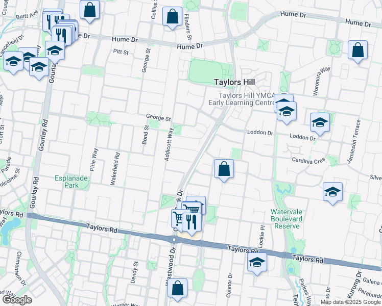 map of restaurants, bars, coffee shops, grocery stores, and more near 16 Bowman Court in Taylors Hill