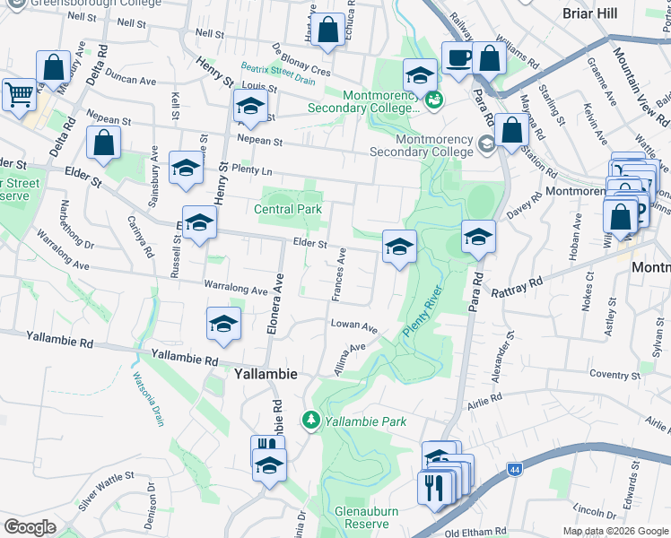 map of restaurants, bars, coffee shops, grocery stores, and more near 19 Frances Avenue in Greensborough