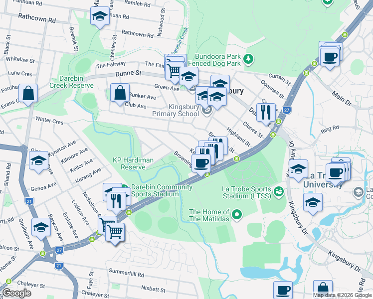 map of restaurants, bars, coffee shops, grocery stores, and more near 25 Keats Avenue in Kingsbury