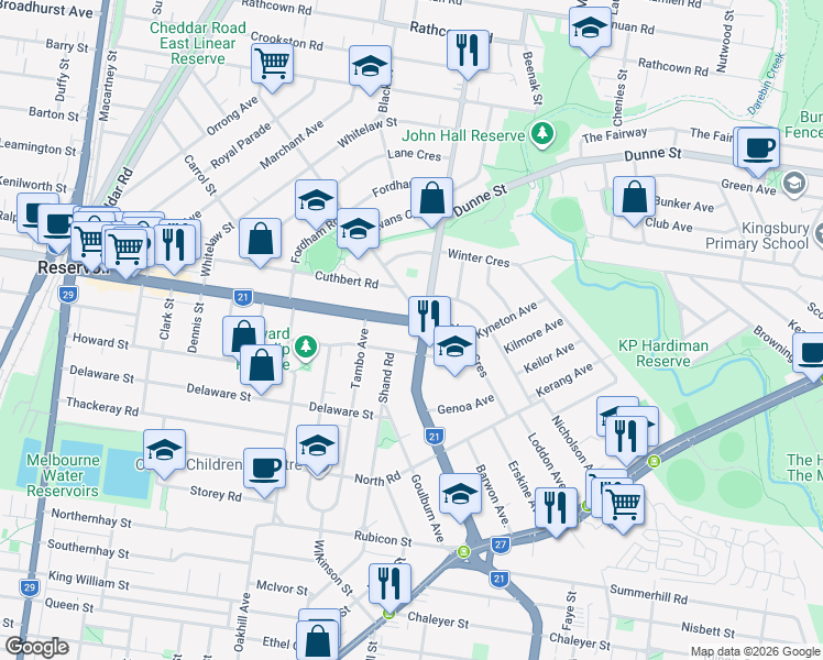 map of restaurants, bars, coffee shops, grocery stores, and more near 131 Broadway in Reservoir