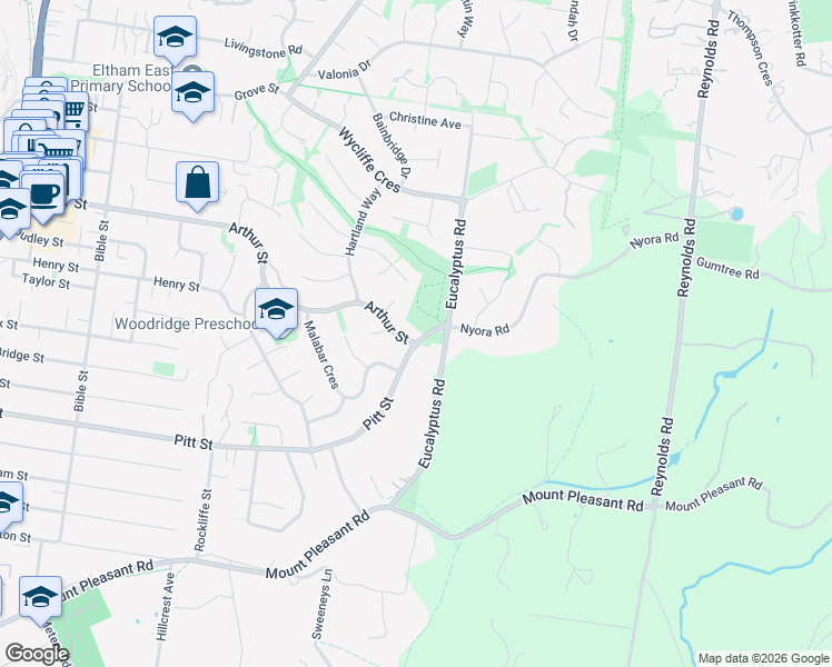 map of restaurants, bars, coffee shops, grocery stores, and more near 141 Arthur Street in Eltham