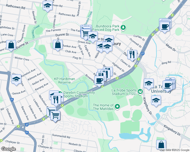 map of restaurants, bars, coffee shops, grocery stores, and more near 17 Keats Avenue in Kingsbury