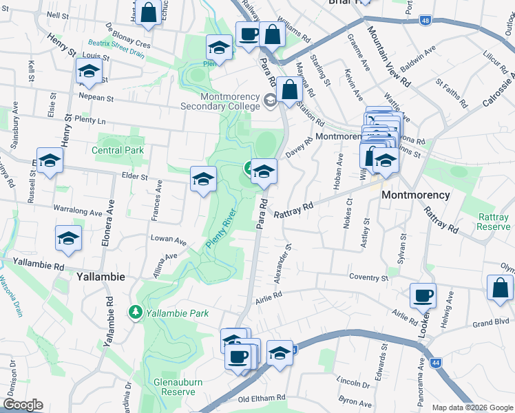 map of restaurants, bars, coffee shops, grocery stores, and more near 83 Para Road in Montmorency