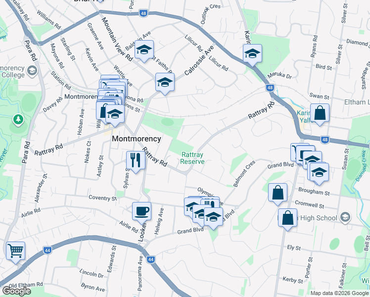 map of restaurants, bars, coffee shops, grocery stores, and more near 127 Rattray Road in Montmorency