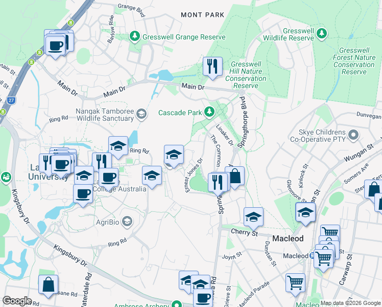 map of restaurants, bars, coffee shops, grocery stores, and more near 7 Heritage Court in Macleod