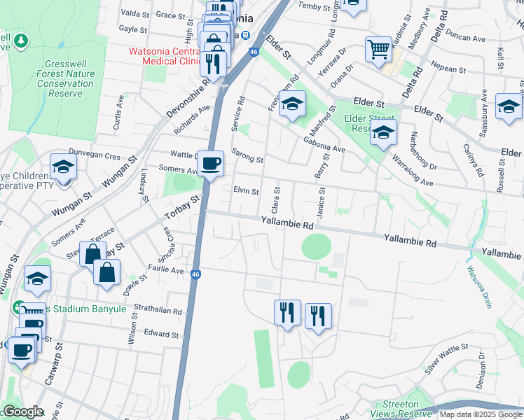 map of restaurants, bars, coffee shops, grocery stores, and more near 2 Frensham Road in Macleod