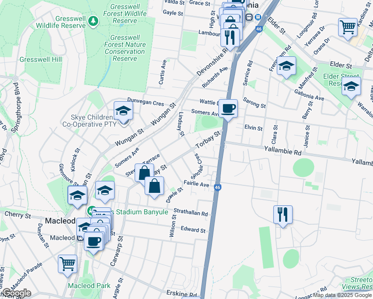 map of restaurants, bars, coffee shops, grocery stores, and more near 95 Torbay Street in Macleod