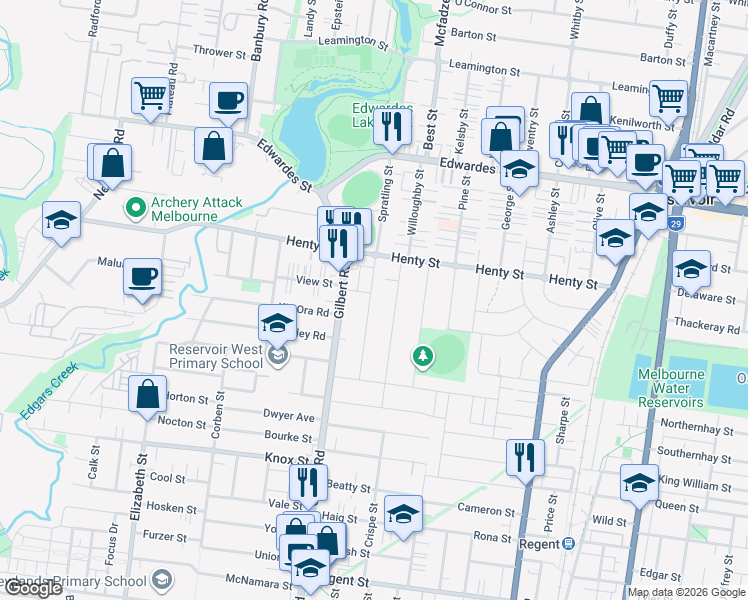 map of restaurants, bars, coffee shops, grocery stores, and more near 39 Wattle Grove in Reservoir