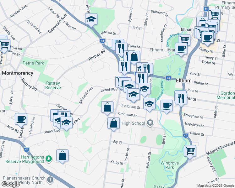 map of restaurants, bars, coffee shops, grocery stores, and more near 269 Bolton Street in Eltham