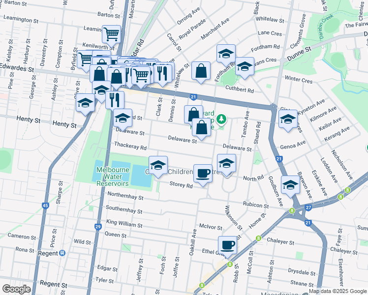 map of restaurants, bars, coffee shops, grocery stores, and more near 30 Thackeray Road in Reservoir