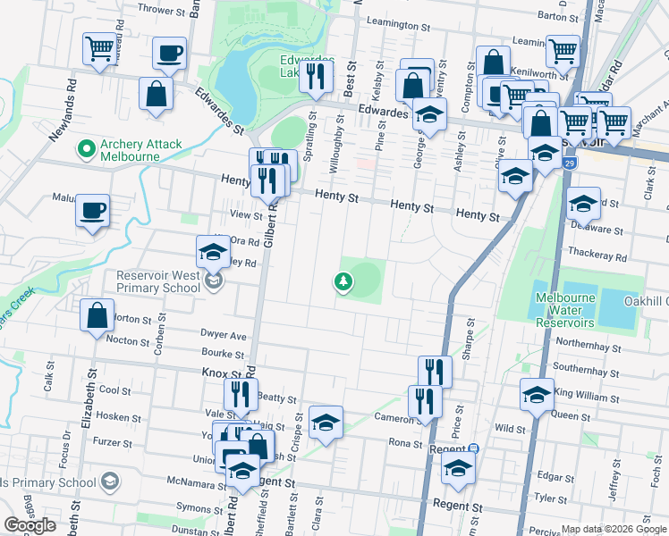 map of restaurants, bars, coffee shops, grocery stores, and more near 17 Gloucester Street in Reservoir