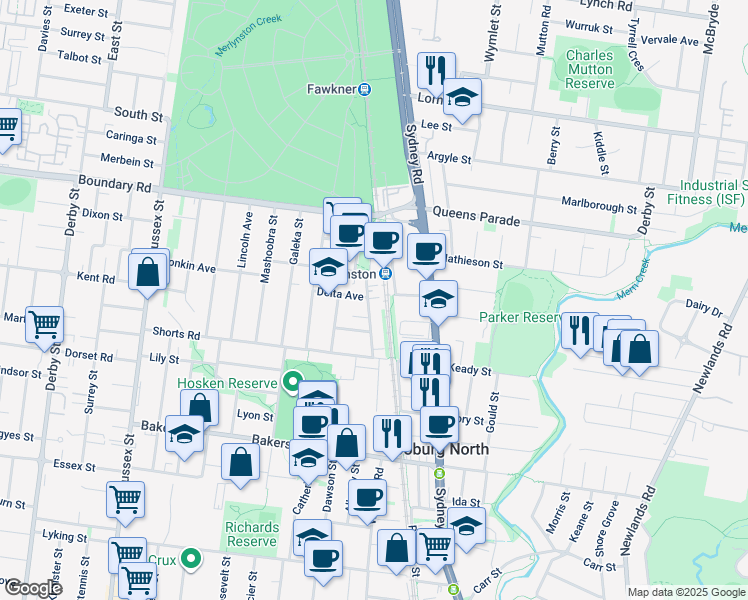 map of restaurants, bars, coffee shops, grocery stores, and more near 26 Lorensen Avenue in Coburg North