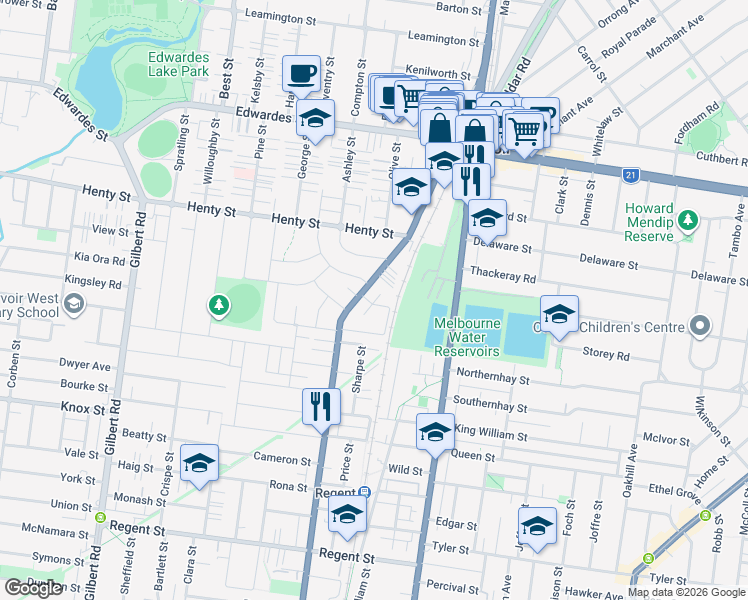map of restaurants, bars, coffee shops, grocery stores, and more near 8 Reservoir Street in Reservoir