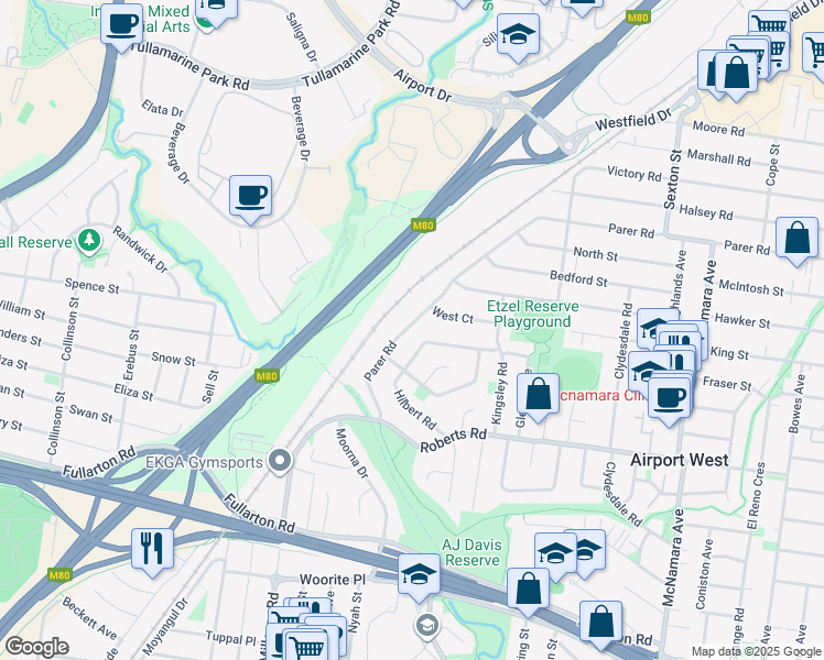 map of restaurants, bars, coffee shops, grocery stores, and more near 209 Parer Road in Airport West