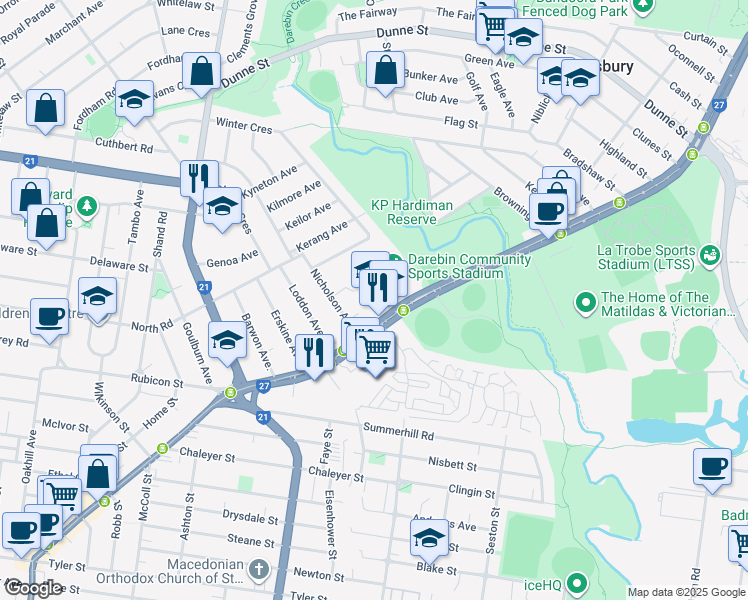 map of restaurants, bars, coffee shops, grocery stores, and more near 855 Plenty Road in Reservoir