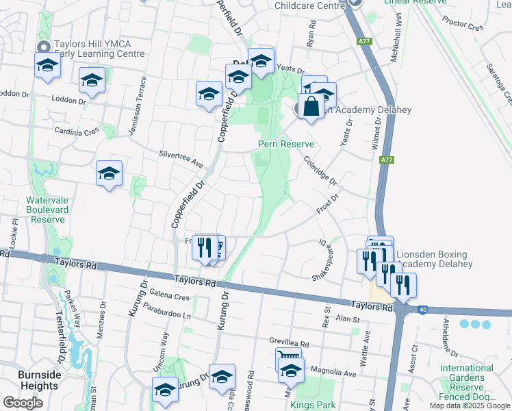 map of restaurants, bars, coffee shops, grocery stores, and more near 22 Lemco Walk in Delahey