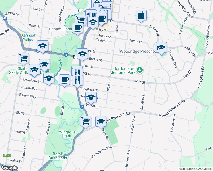 map of restaurants, bars, coffee shops, grocery stores, and more near 25 Bible Street in Eltham