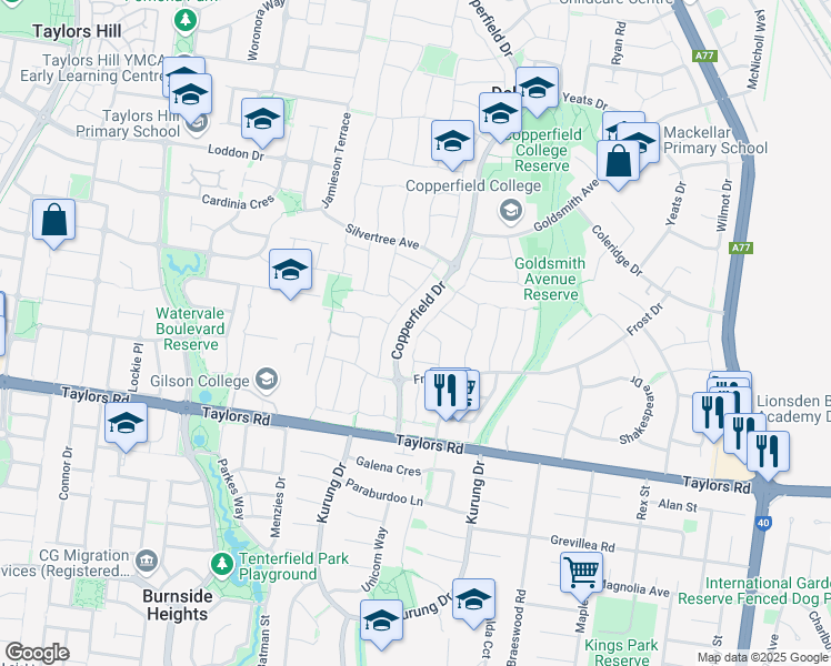map of restaurants, bars, coffee shops, grocery stores, and more near 13 Hutzul Court in Delahey