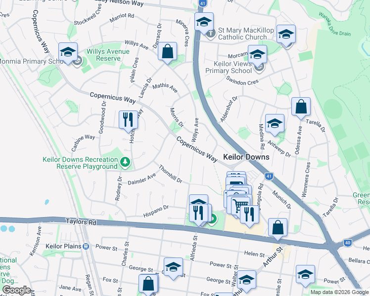 map of restaurants, bars, coffee shops, grocery stores, and more near 41 Copernicus Way in Keilor Downs