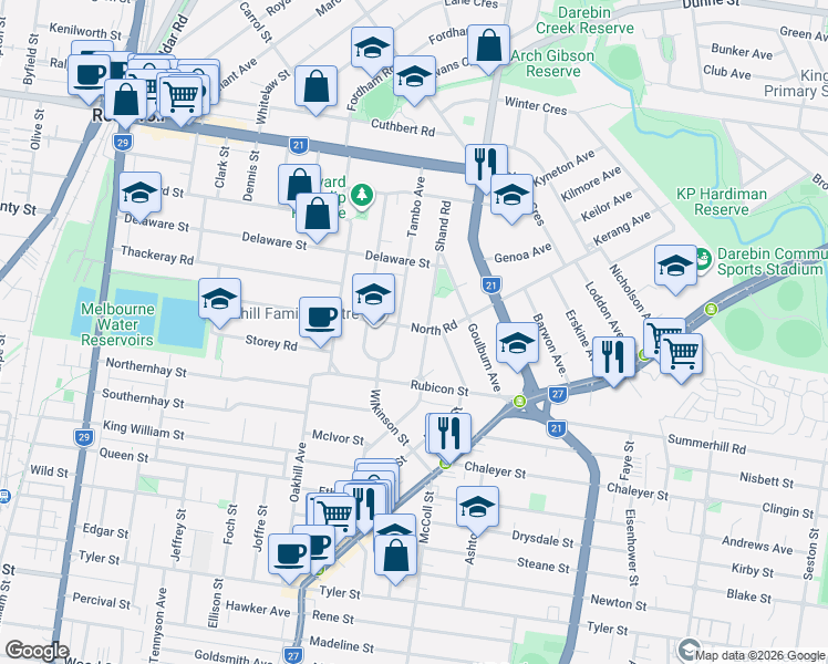map of restaurants, bars, coffee shops, grocery stores, and more near 77 North Road in Reservoir
