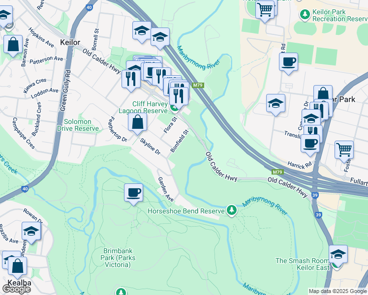 map of restaurants, bars, coffee shops, grocery stores, and more near 2 Bonfield Street in Keilor