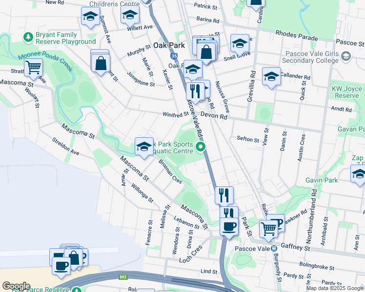 map of restaurants, bars, coffee shops, grocery stores, and more near 563 Pascoe Vale Road in Oak Park