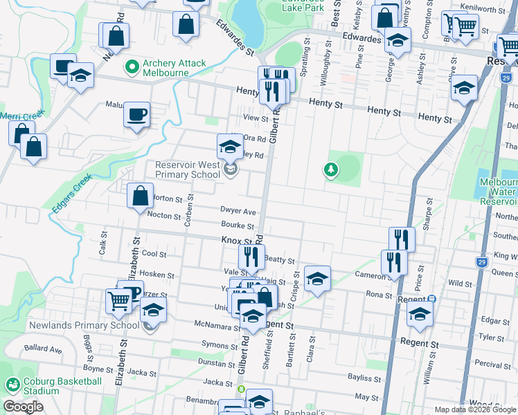 map of restaurants, bars, coffee shops, grocery stores, and more near 687B Gilbert Road in Reservoir