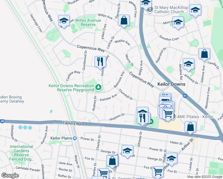 map of restaurants, bars, coffee shops, grocery stores, and more near Belmont Avenue in Keilor Downs