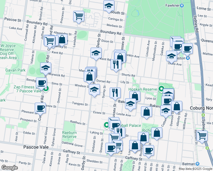 map of restaurants, bars, coffee shops, grocery stores, and more near 46 Surrey Street in Pascoe Vale