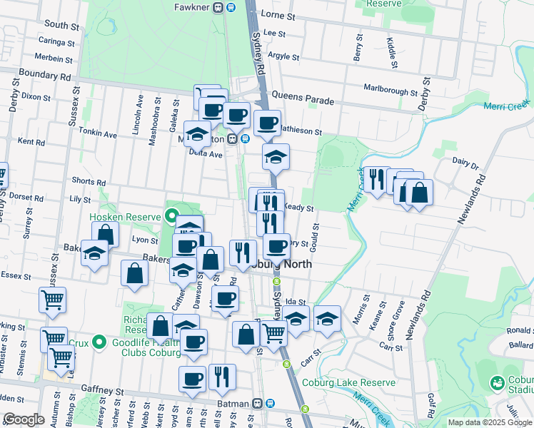 map of restaurants, bars, coffee shops, grocery stores, and more near in Coburg North