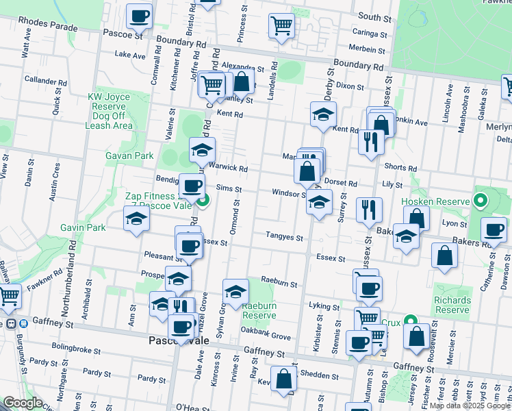 map of restaurants, bars, coffee shops, grocery stores, and more near Landells Road in Pascoe Vale