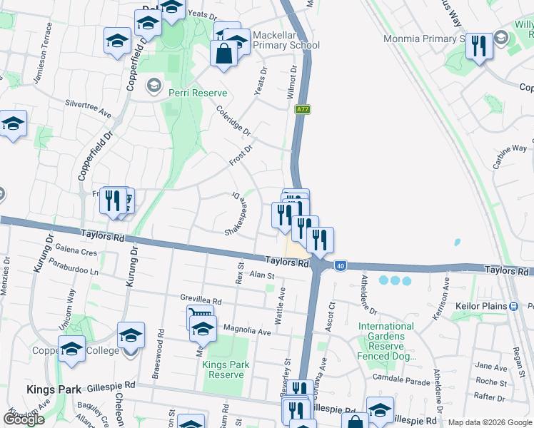 map of restaurants, bars, coffee shops, grocery stores, and more near 18 Tennyson Drive in Delahey