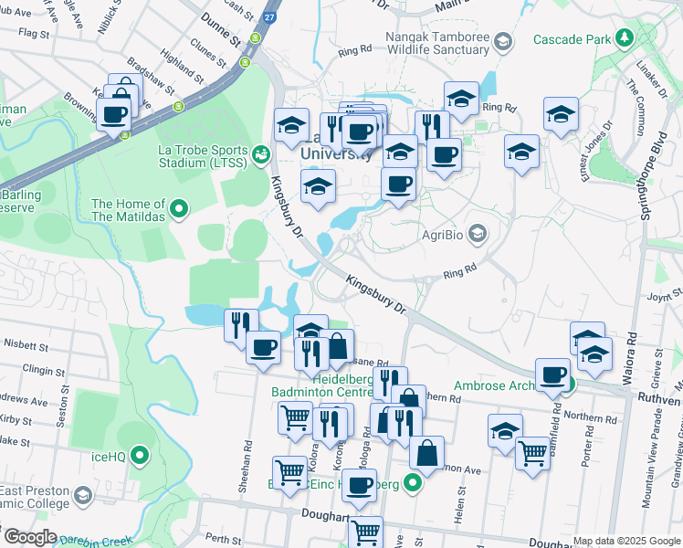 map of restaurants, bars, coffee shops, grocery stores, and more near Kingsbury Drive in Bundoora