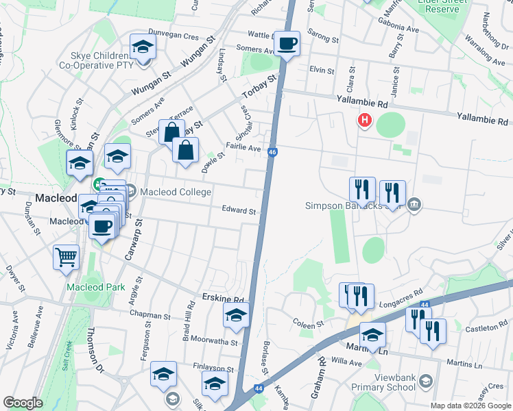 map of restaurants, bars, coffee shops, grocery stores, and more near 151 Greensborough Road in Macleod